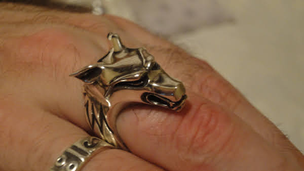a silver ring of a wolf's head